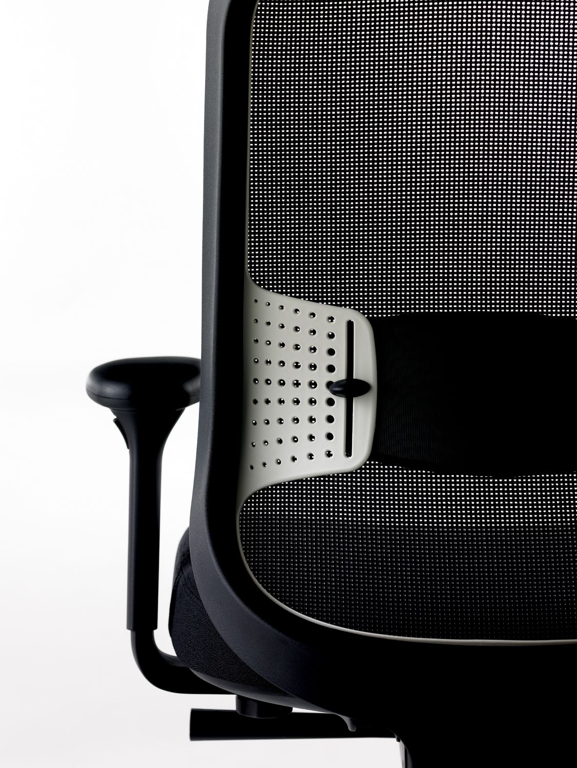 Projek Task Chair - Back View Detail - Ebony Mesh - Ebony Outer Frame - Stone Inner Frame - Ebony Lumbar.tif